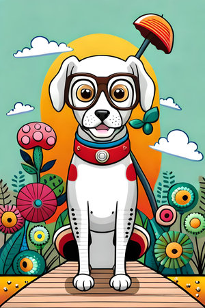Cute cartoon dog characters with flower background generative aiの素材