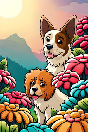 Cute cartoon dog characters with flower background generative aiの素材