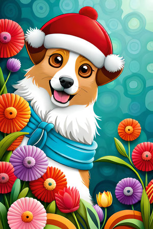 Cute cartoon dog characters with flower background generative aiの素材