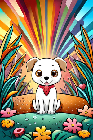 Cute cartoon dog characters with flower background generative aiの素材