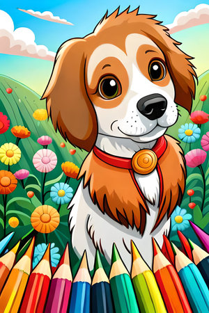Cute cartoon dog characters with flower background generative aiの素材
