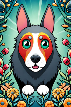 Cute cartoon dog characters with flower background generative aiの素材