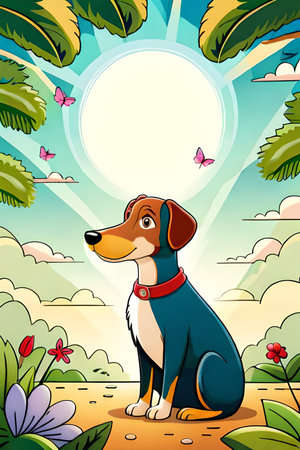Cute cartoon dog characters with flower background generative aiの素材