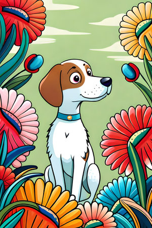 Cute cartoon dog characters with flower background generative aiの素材