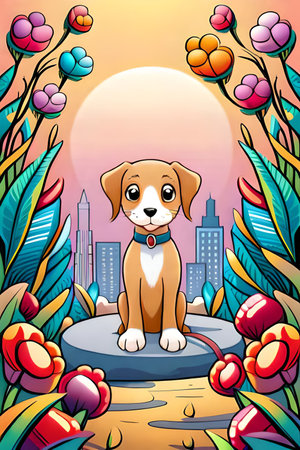Cute cartoon dog characters with flower background generative aiの素材