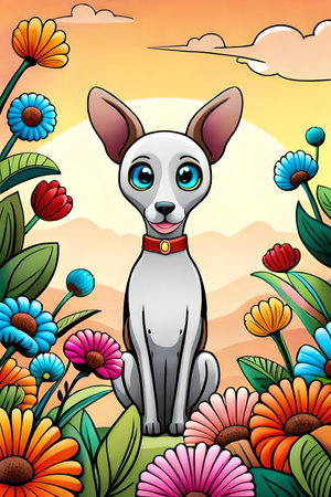 Cute cartoon dog characters with flower background generative aiの素材