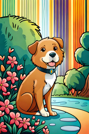 Cute cartoon dog characters with flower background generative aiの素材