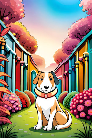 Cute cartoon dog characters with flower background generative aiの素材