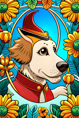 Cute cartoon dog characters with flower background generative aiの素材