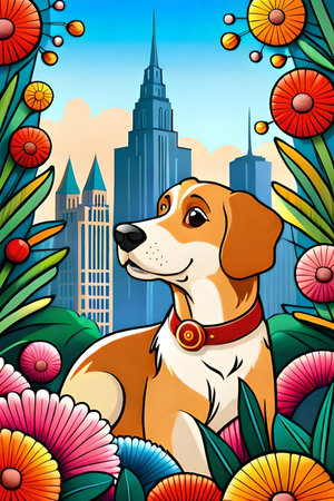 Cute cartoon dog characters with flower background generative aiの素材