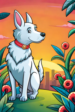 Cute cartoon dog characters with flower background generative aiの素材
