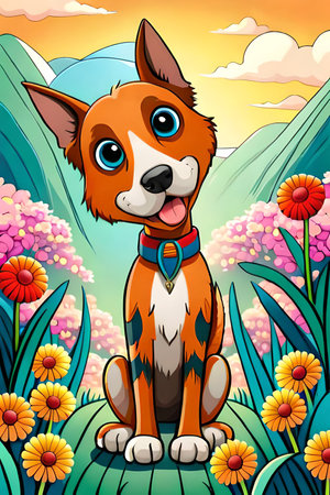 Cute cartoon dog characters with flower background generative aiの素材