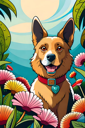 Cute cartoon dog characters with flower background generative aiの素材