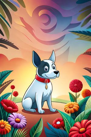 Cute cartoon dog characters with flower background generative aiの素材