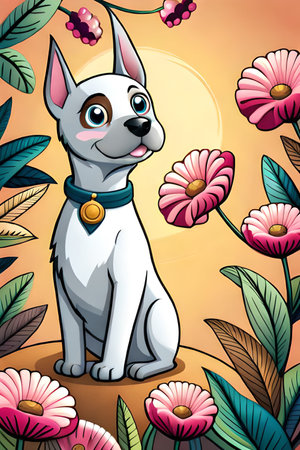Cute cartoon dog characters with flower background generative aiの素材