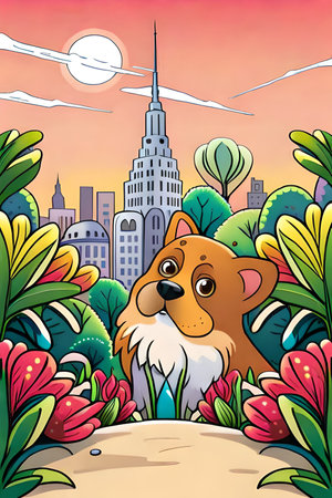 Cute cartoon dog characters with flower background generative aiの素材
