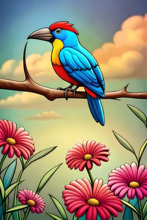 Cute cartoon dog characters with flower background generative aiの素材