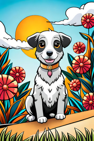 Cute cartoon dog characters with flower background generative aiの素材