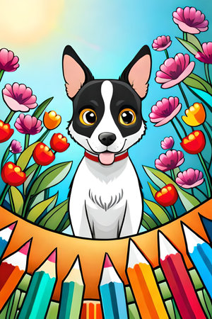Cute cartoon dog characters with flower background generative aiの素材