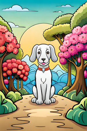 Cute cartoon dog characters with flower background generative aiの素材