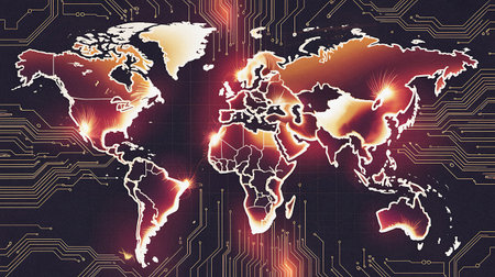 Abstract digital world map on circuit board background. Technology and communication concept. 3D Renderingの素材