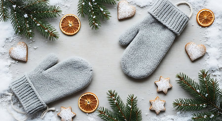 Christmas background with knitted mittens and gingerbread cookies on snowの素材