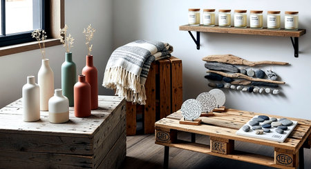Interior of a living room with a wooden shelf, a wooden table, a towel, a mirror, a washbasinの素材