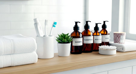 Cosmetics and bathroom accessories on a shelf in a modern bathroom.の素材