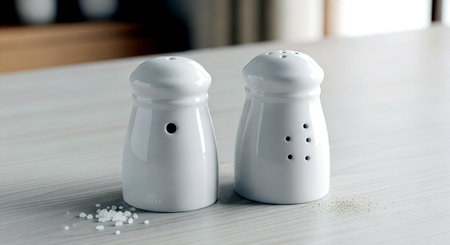 Salt and pepper shakers on a wooden table in the kitchen.の素材