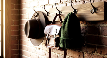 Hanger with hat and coat hanging on brick wall background, closeupの素材