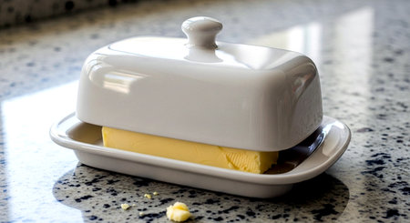 Butter in a white dish on a granite countertop in a kitchenの素材