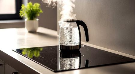 Coffee maker with steam on the stove in the kitchen.の素材