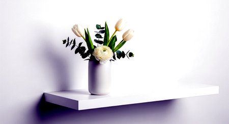 White tulips in a vase on a shelf on a white backgroundの素材