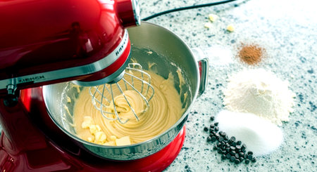 Mixing ingredients in a red electric mixer on a white background.の素材