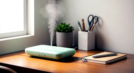 3d render of a desk with a casserole and a notebookの素材