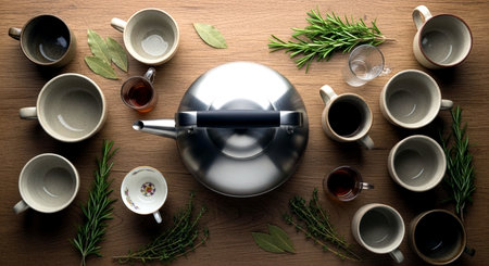 Teapot and cups of tea on wooden table, top viewの素材