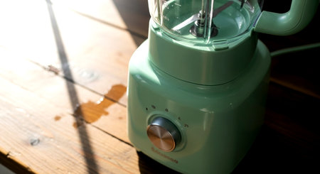 Green electric juicer on a wooden table, close-up.の素材