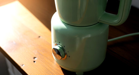 Green electric blender on a wooden shelf in the kitchen, close-upの素材