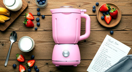 Pink blender with ingredients for making smoothie on wooden table, top viewの素材
