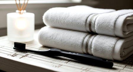 Toothbrush, toothpaste and towels on a wooden table.の素材