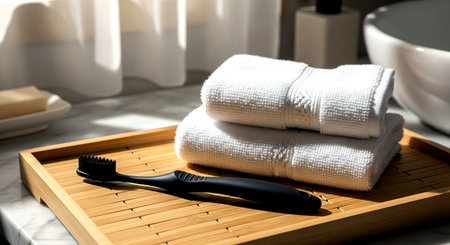 Toothbrush and white towels on a wooden tray in the bathroomの素材