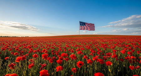 Field of red poppies with United States of America flag.の素材