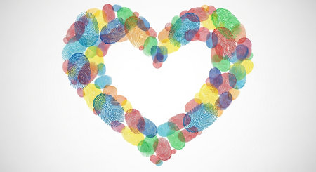 Abstract colorful fingerprint heart on white background with copy space for your textの素材