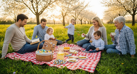 Happy family having picnic in the park. Mother, father, son and daughter.の素材