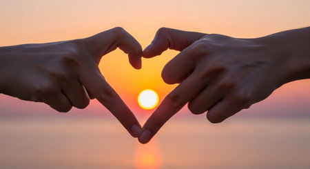 Hands making a heart shape with sunset on the sea background.の素材