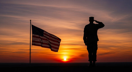 Silhouette of soldier saluting with american flag at sunsetの素材