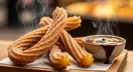Churros with hot chocolate on wooden board, close-upの素材