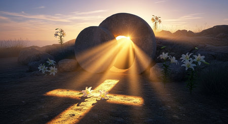 Sunset over the stone cross and lilies. 3d renderの素材