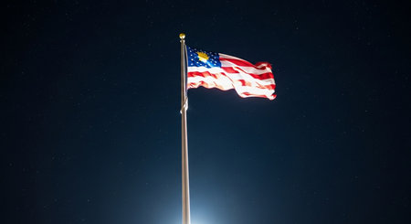 American flag waving in the night sky with stars and moon background.の素材