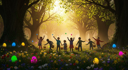 Group of happy children having fun in the forest with easter eggsの素材